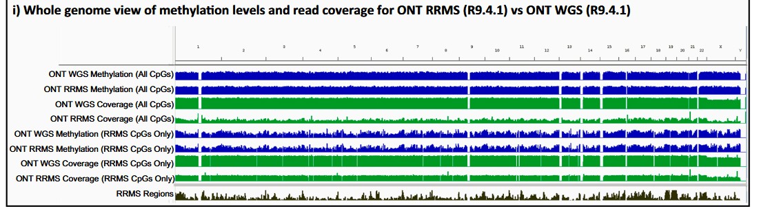ONT RRMS 与 WGS 数据集的覆盖范围和甲基化水平对比，以及 RRMS CpG 与全部 CpG、RRMS 靶区的轨迹